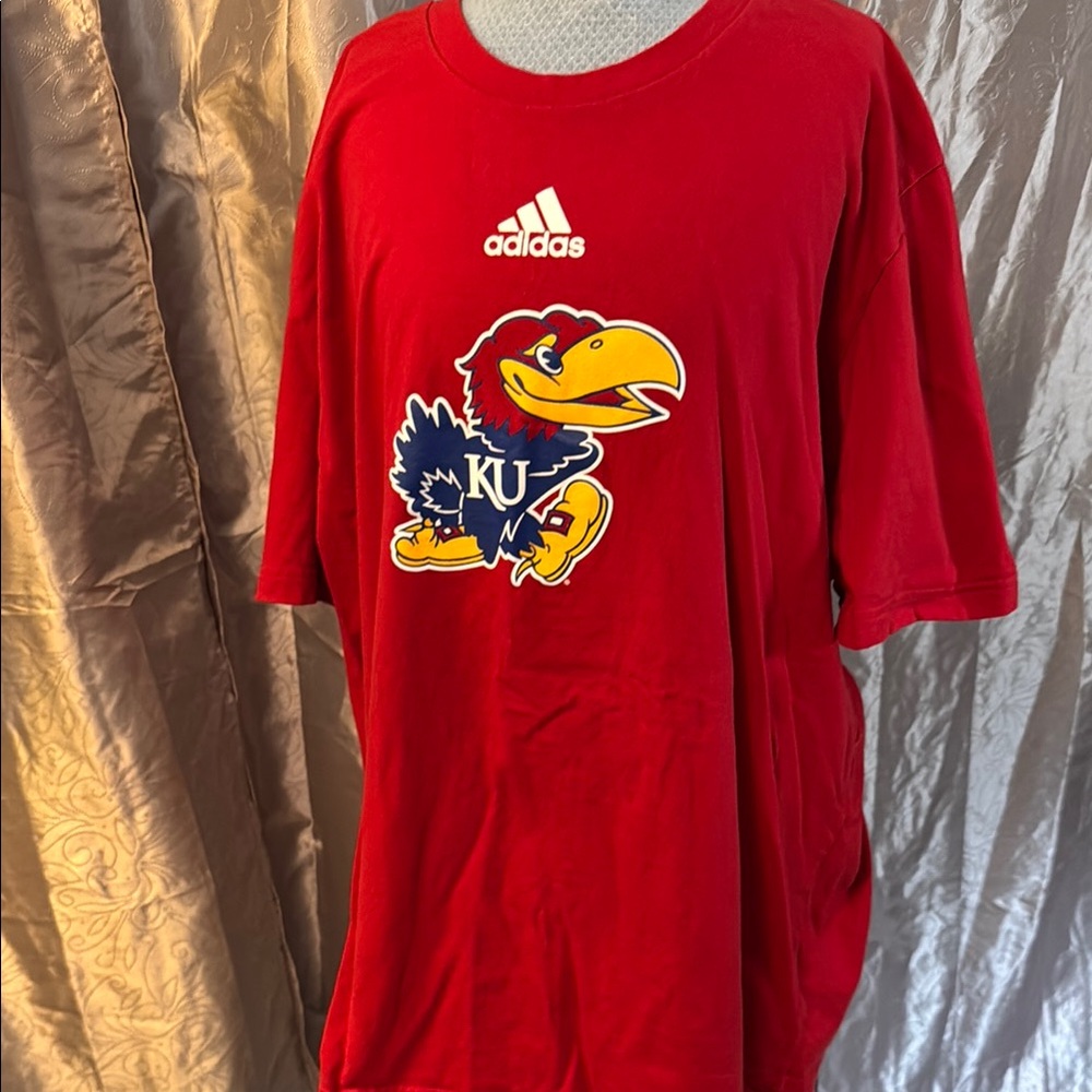 adidas Red Short Sleeve Tee with Jayhawk Logo
